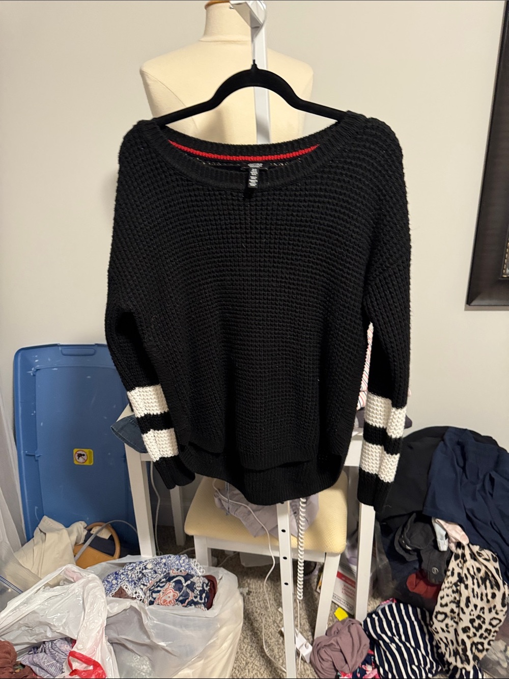 Jones New York Black Knit Sweater with White Stripe Sleeves